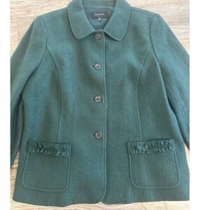 Talbots Women's Green Wool Blend Button Front Jacket Size 16 Ruffled Pockets